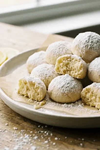Powdered sugar–dusty lemon cookies on a plate — Lemon Meltaways Recipe