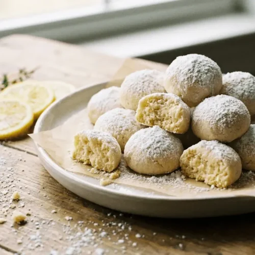 Powdered sugar–dusty lemon cookies on a plate — Lemon Meltaways Recipe