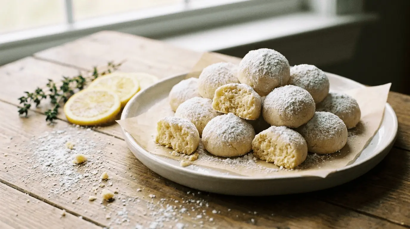 Powdered sugar–dusty lemon cookies on a plate — Lemon Meltaways Recipe