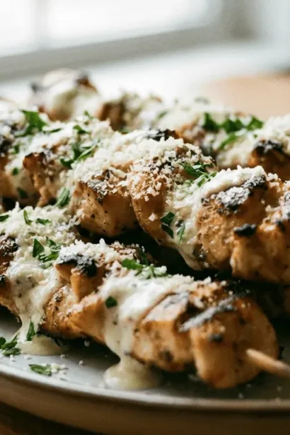 Ranch Garlic Parmesan Chicken Skewers on wooden platter garnished with parsley and lemon wedge