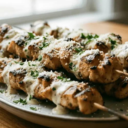 Ranch Garlic Parmesan Chicken Skewers on wooden platter garnished with parsley and lemon wedge