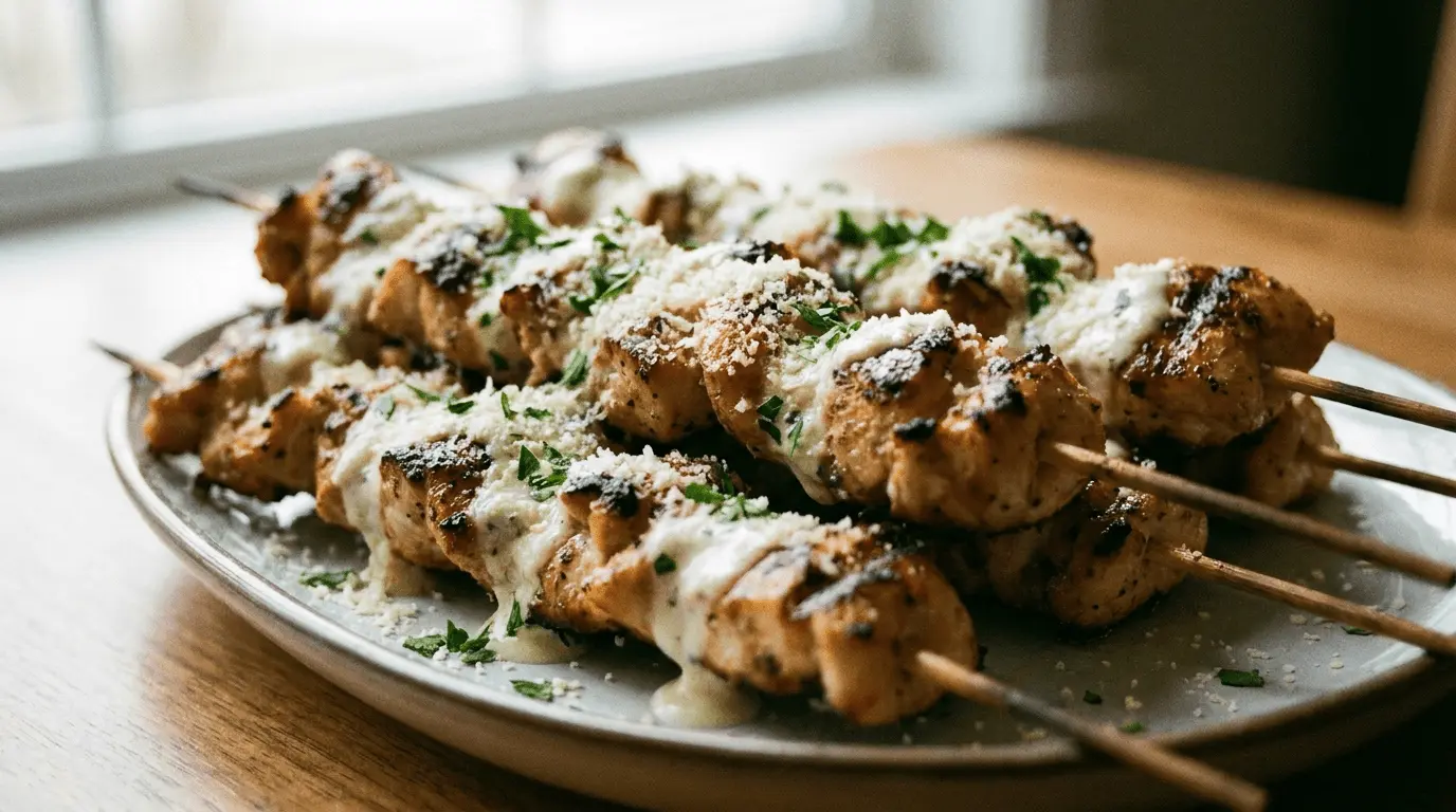 Ranch Garlic Parmesan Chicken Skewers on wooden platter garnished with parsley and lemon wedge