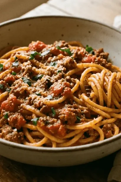 Skillet of hearty Dirty Spaghetti Recipe with seasoned ground beef, tomato sauce, and herbs