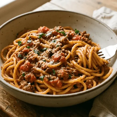 Skillet of hearty Dirty Spaghetti Recipe with seasoned ground beef, tomato sauce, and herbs