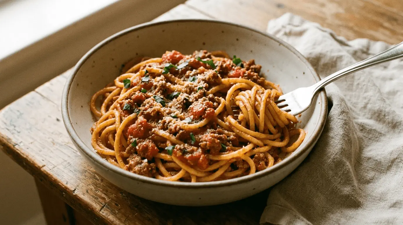 Skillet of hearty Dirty Spaghetti Recipe with seasoned ground beef, tomato sauce, and herbs