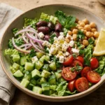 Mediterranean Chopped Salad with diced tomatoes, cucumbers, Kalamata olives, red onion and feta