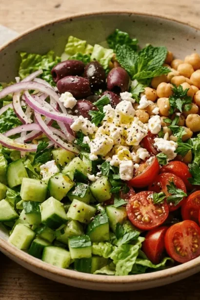 Mediterranean Chopped Salad with diced tomatoes, cucumbers, Kalamata olives, red onion and feta