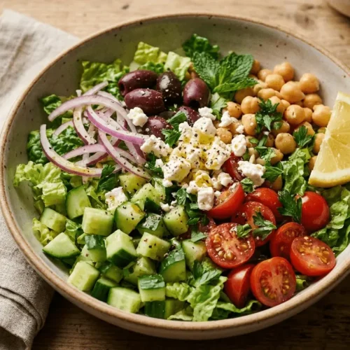Mediterranean Chopped Salad with diced tomatoes, cucumbers, Kalamata olives, red onion and feta