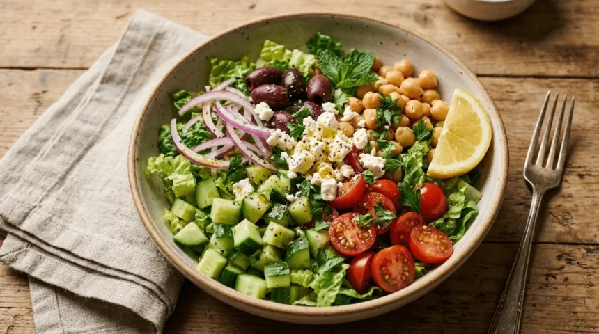 Mediterranean Chopped Salad with diced tomatoes, cucumbers, Kalamata olives, red onion and feta