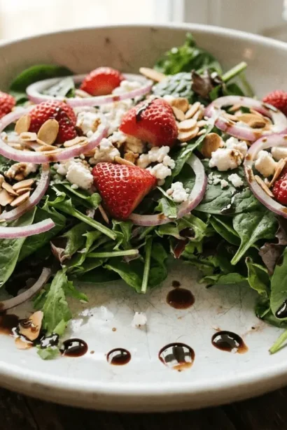 Strawberry Balsamic Salad with mixed greens, sliced strawberries, goat cheese and balsamic glaze.