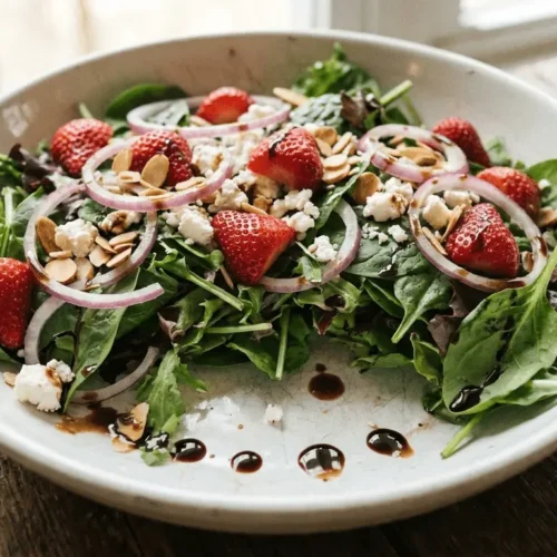 Strawberry Balsamic Salad with mixed greens, sliced strawberries, goat cheese and balsamic glaze.