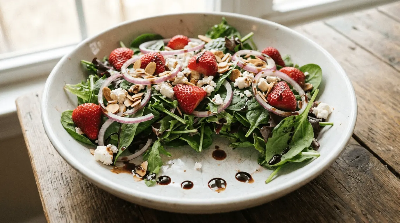 Strawberry Balsamic Salad with mixed greens, sliced strawberries, goat cheese and balsamic glaze.
