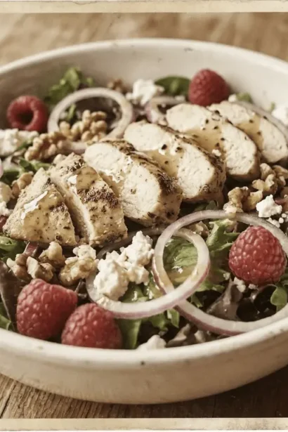 Raspberry Walnut Chicken Salad on mixed greens with raspberries and toasted walnuts