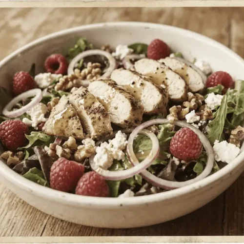 Raspberry Walnut Chicken Salad on mixed greens with raspberries and toasted walnuts
