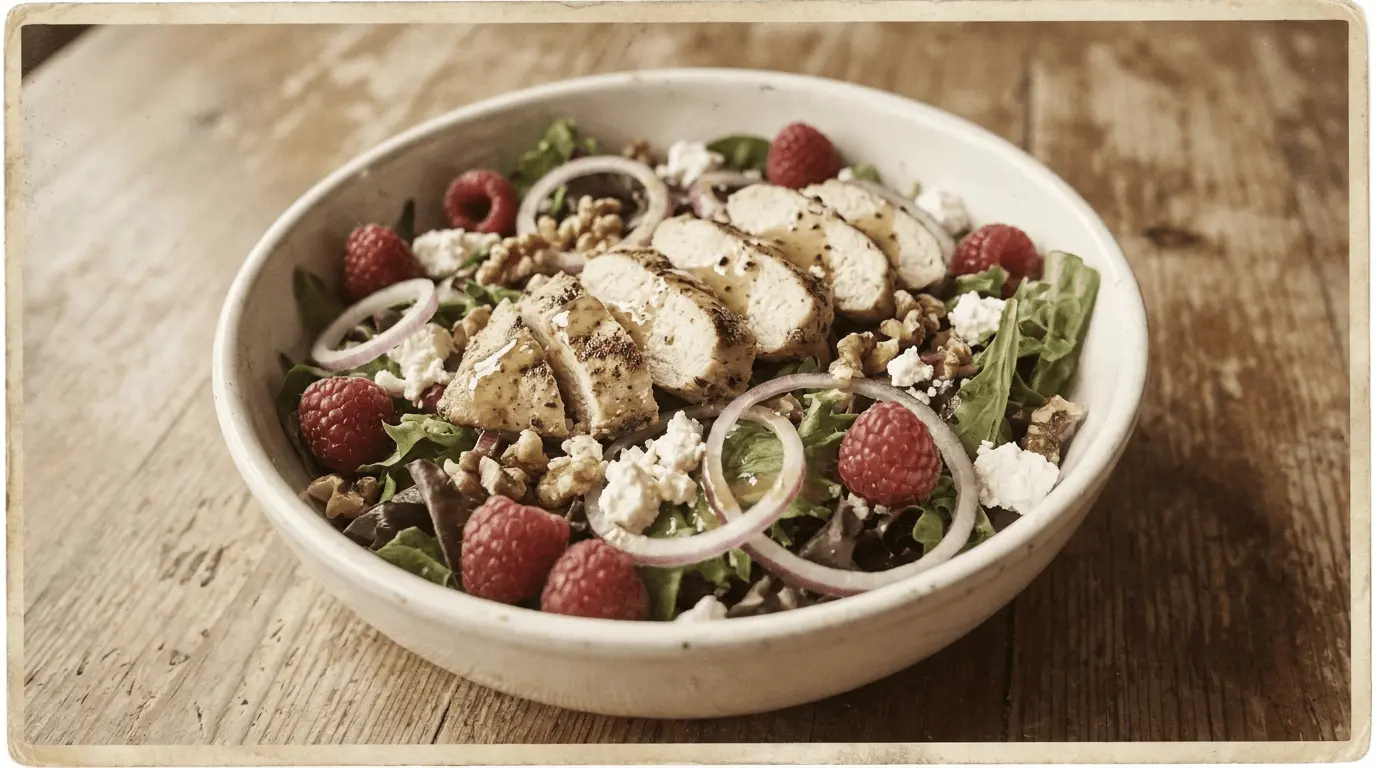 Raspberry Walnut Chicken Salad on mixed greens with raspberries and toasted walnuts