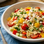 Rainbow Orzo Salad with vibrant vegetables and herbs in a white bowl
