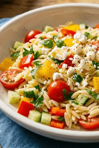 Rainbow Orzo Salad with vibrant vegetables and herbs in a white bowl