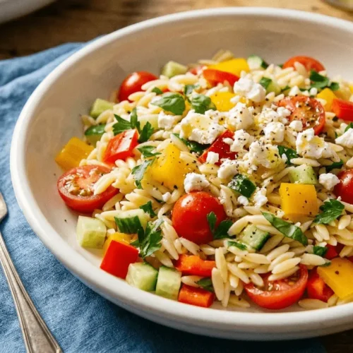Rainbow Orzo Salad with vibrant vegetables and herbs in a white bowl