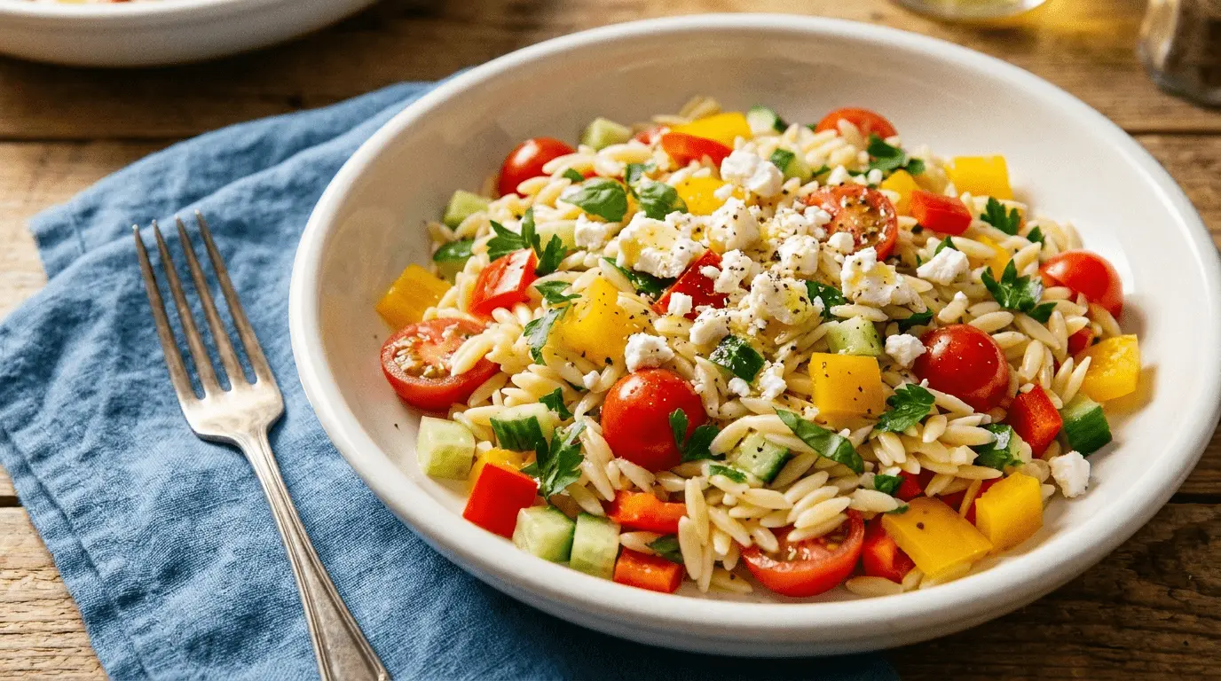Rainbow Orzo Salad with vibrant vegetables and herbs in a white bowl