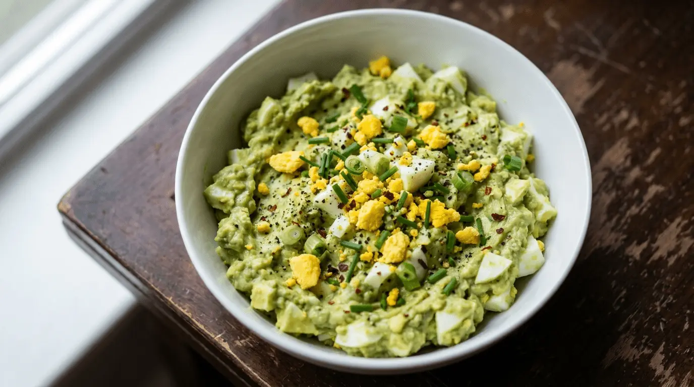 Keto Avocado Egg Salad in a bowl with chopped eggs and avocado