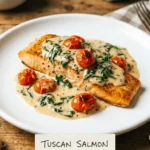 Delicious Creamy Tuscan Salmon served on a plate, featuring tender salmon with creamy sauce and fresh herbs.