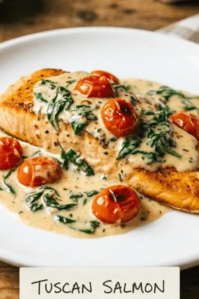 Delicious Creamy Tuscan Salmon served on a plate, featuring tender salmon with creamy sauce and fresh herbs.