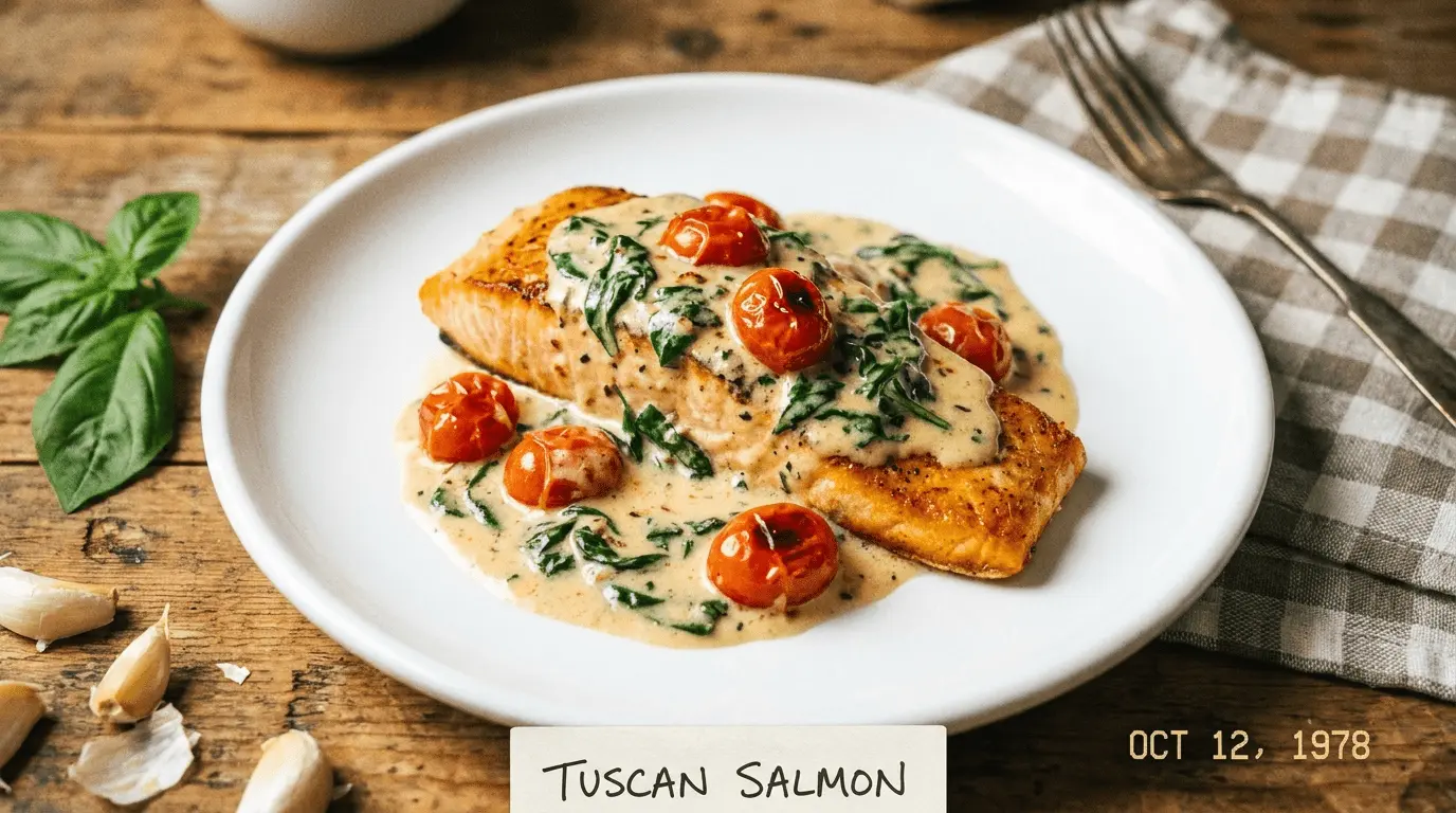 Delicious Creamy Tuscan Salmon served on a plate, featuring tender salmon with creamy sauce and fresh herbs.