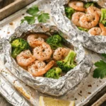 Baked Shrimp and Broccoli foil packs on a baking sheet, showing a delicious seafood and vegetable meal.