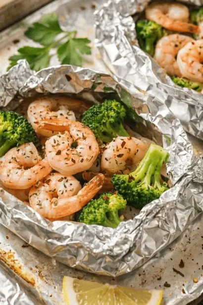 Baked Shrimp and Broccoli foil packs on a baking sheet, showing a delicious seafood and vegetable meal.