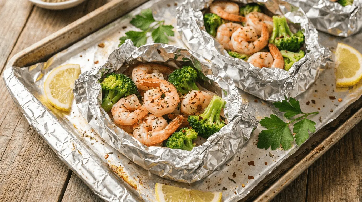 Baked Shrimp and Broccoli foil packs on a baking sheet, showing a delicious seafood and vegetable meal.