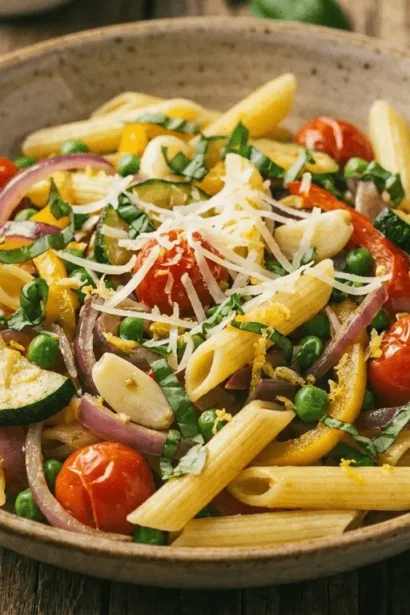 Illustration of Pasta Primavera with colorful vegetables