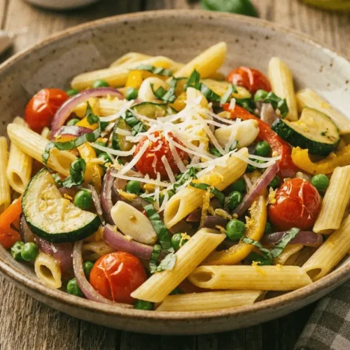 Illustration of Pasta Primavera with colorful vegetables