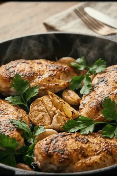 Lemon Garlic Chicken plated with lemon wedges and fresh herbs.