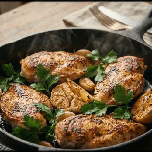 Lemon Garlic Chicken plated with lemon wedges and fresh herbs.