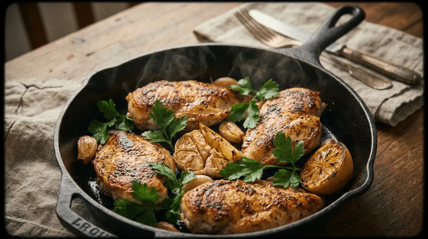 Lemon Garlic Chicken plated with lemon wedges and fresh herbs.
