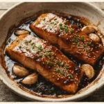 Honey Garlic Salmon: glazed salmon fillet with a garlic glaze