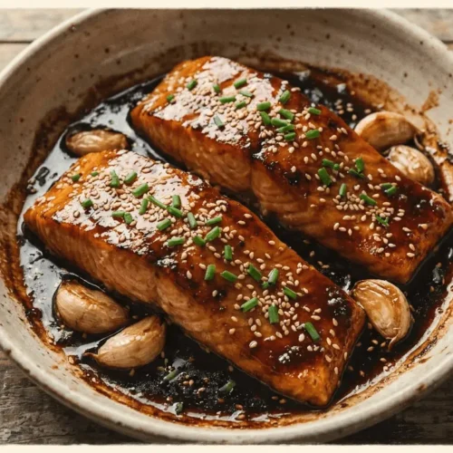 Honey Garlic Salmon: glazed salmon fillet with a garlic glaze