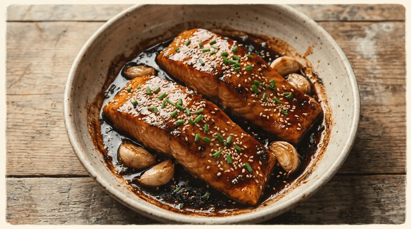 Honey Garlic Salmon: glazed salmon fillet with a garlic glaze