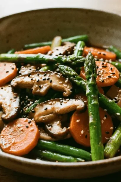 Spring Vegetable Stir-Fry: a colorful mix of bell peppers, broccoli, carrots, and snap peas sautéed in a hot wok.