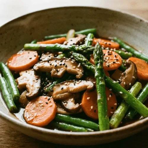 Spring Vegetable Stir-Fry: a colorful mix of bell peppers, broccoli, carrots, and snap peas sautéed in a hot wok.