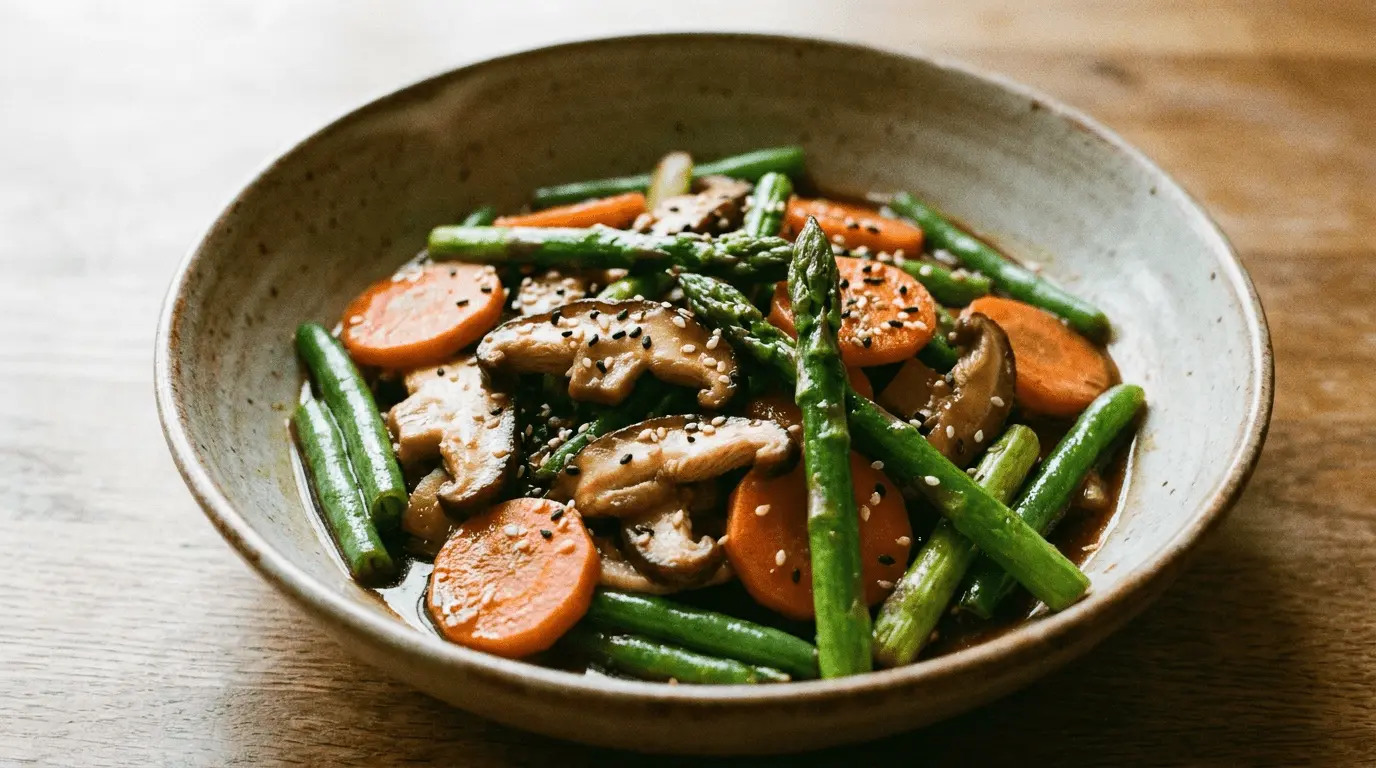 Spring Vegetable Stir-Fry: a colorful mix of bell peppers, broccoli, carrots, and snap peas sautéed in a hot wok.