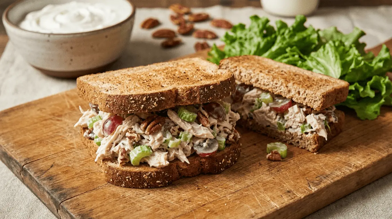 Chicken Salad Sandwiches illustration with creamy chicken salad on bread slices.