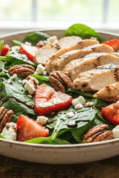 Spinach Strawberry Salad with Chicken featuring fresh spinach, sliced strawberries, and grilled chicken.