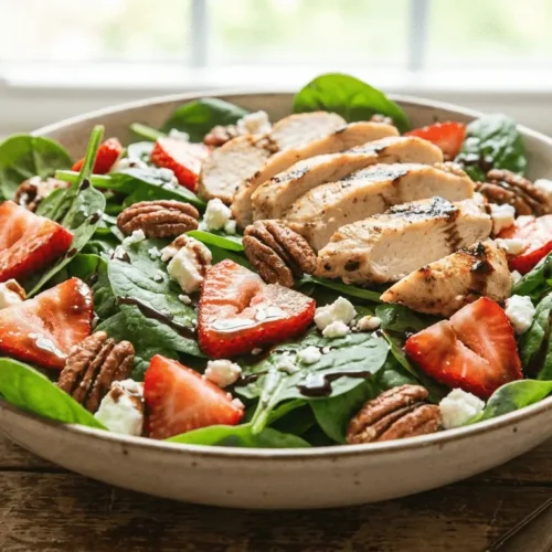 Spinach Strawberry Salad with Chicken featuring fresh spinach, sliced strawberries, and grilled chicken.