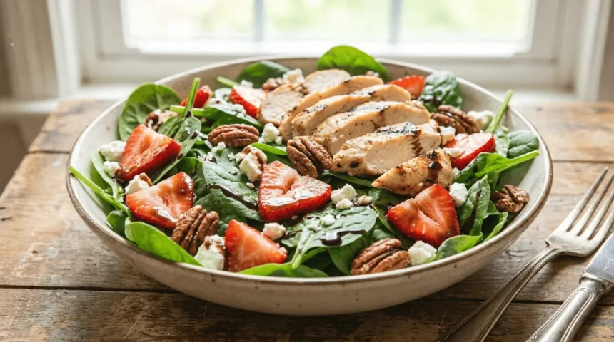 Spinach Strawberry Salad with Chicken featuring fresh spinach, sliced strawberries, and grilled chicken.