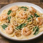 Lemon Butter Shrimp Pasta served on a white plate with herbs and sauce