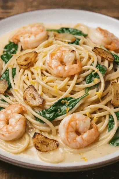 Lemon Butter Shrimp Pasta served on a white plate with herbs and sauce
