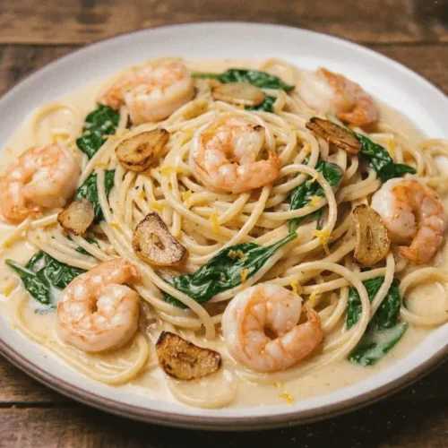 Lemon Butter Shrimp Pasta served on a white plate with herbs and sauce