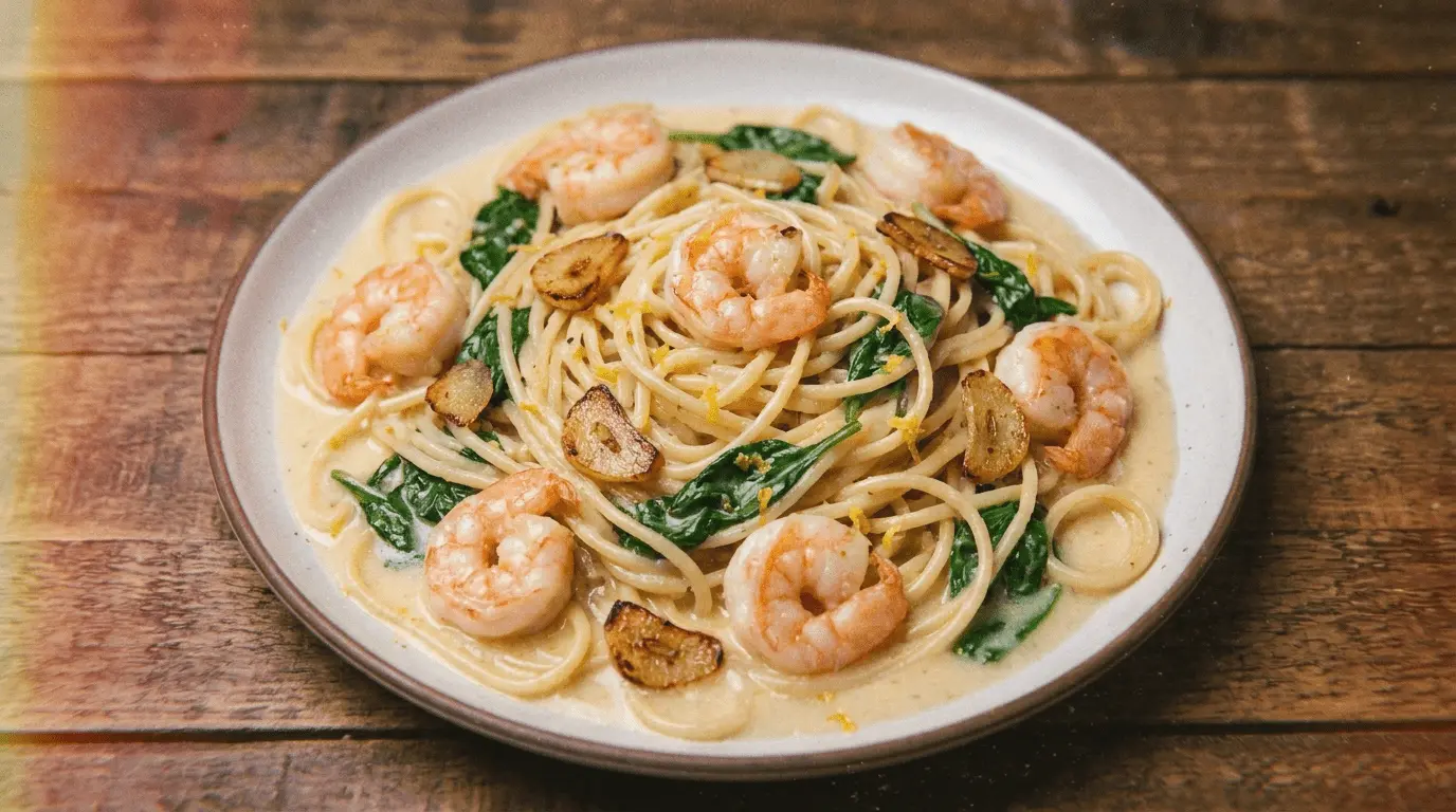 Lemon Butter Shrimp Pasta served on a white plate with herbs and sauce