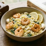 Lemon Garlic Shrimp Orzo served on a dark plate with lemon wedges and green garnish